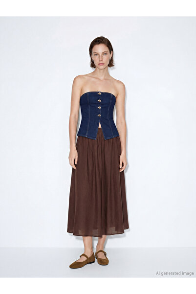 LC Waikiki تنورة LCW Vision بنية اللون بخصر مطاطي وسحاب وحاشية واسعة