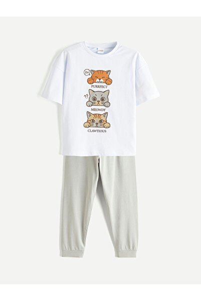 LC Waikiki مجموعة إلسيفا بيجامة مطبوعة باللون الرمادي للفتيات