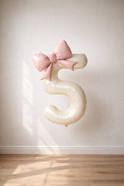Patladı Gitti Pink Bow & Cream 5 Number Foil Balloon Set