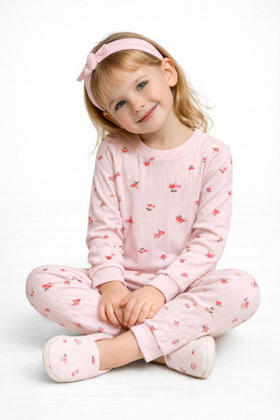 mini kanka Сладък комплект пижама с флорални мотиви за момичета | Памук, сезо...