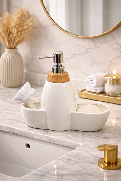 YzHome موزع صابون سائل من البورسلين والخيزران مع فرشاة وإسفنجة كهدية