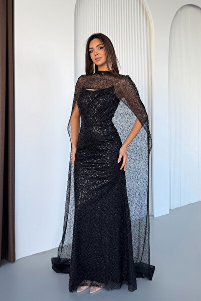 Feminist Üzeri Şal Detaylı Simli ve Boncuk İşlemeli Straplez Abiye Siyah 0801153