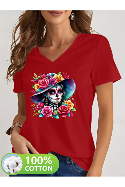 Cevval تي شيرت نسائي مطبوع بقصة على شكل حرف V