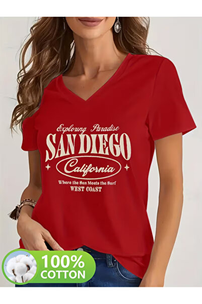 YUNAYT Tricou de damă cu decolteu în V, cu imprimeu fluid