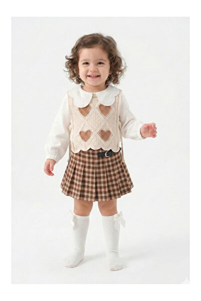 Mini Baray Girl's Heart Knitted Vest Lace Collar Blouse Plaid Pleated Skirt 3...