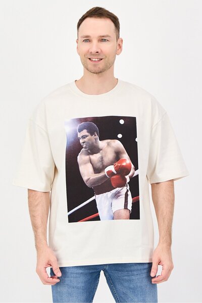 ALI Men Crew Neck Short Sleeve Graphic Print T-Shirt, Beige