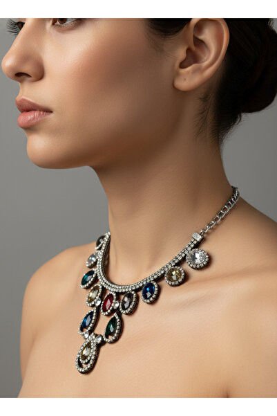 Moda Accessories Showy Multi-Colored Drop Stone Necklace – Women's Evening Dr...