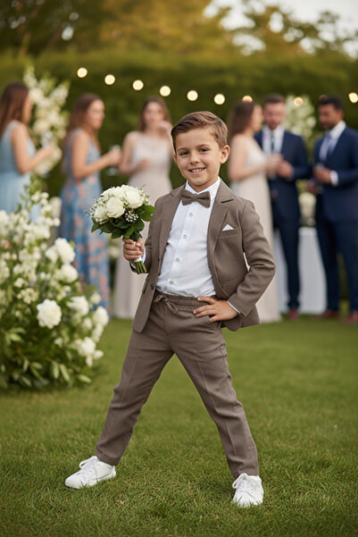 Merdia Boy's Flared Linen Suit (Jacket, Shirt, Bowtie and Drawstring Pants) B...