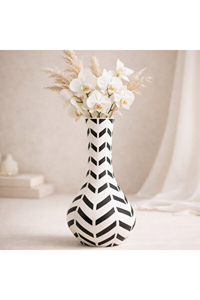 esdekor White Black Geometric Patterned Ceramic Vase 47 cm 1 Piece Scandinavi...