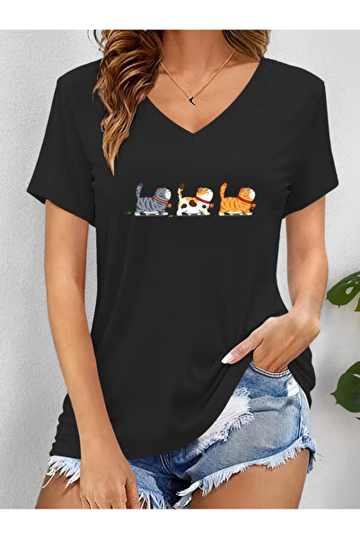 YUNAYT Women's V-Neck Draped Printed T-Shirt