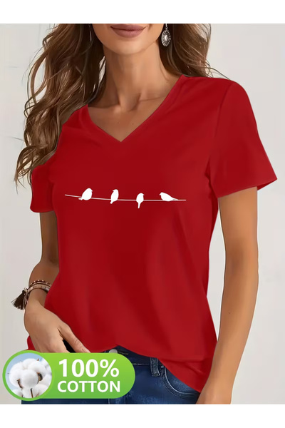 YUNAYT Women's V-Neck Draped Printed T-Shirt