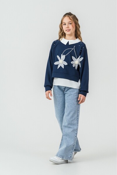 MİNİKO KİDS Girls' Festive Flower-Embellished Stone-Decorated Jeans 2-Piece Set