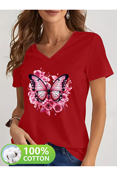 YUNAYT Women's V-Neck Draped Printed T-Shirt