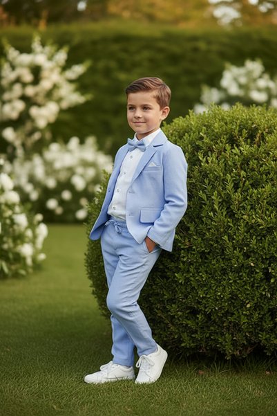 Merdia Boys' Slub Linen Suit (Jacket, Shirt, Bow Tie and Drawstring Pants) Baby Blue