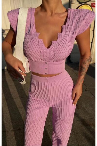 Genel Markalar LİLA Crop Bluz Pantolon Kadın Alt Üst Takım