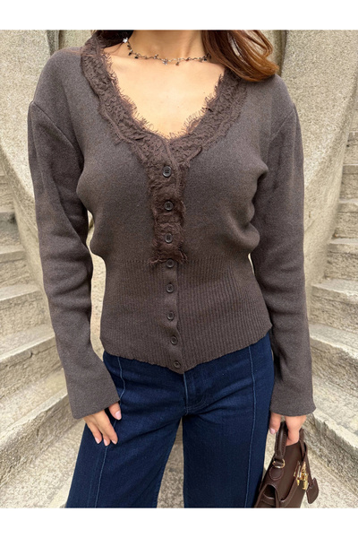 Lusin Women's Brown Lace Detailed V-Neck Buttoned Fit Cardigan