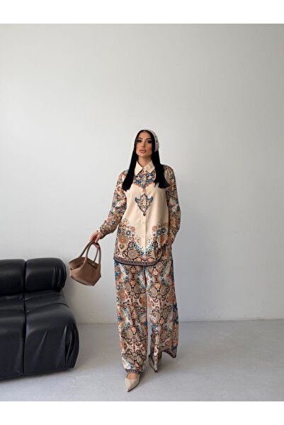 WellWay Imported Jessica Fabric Shirt & Trousers 2-Piece Set-Beige Floral-2622