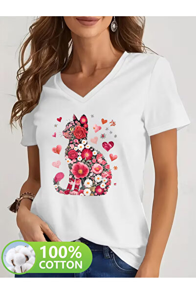 YUNAYT Women's V-Neck Draped Printed T-Shirt