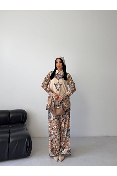 WellWay Imported Jessica Fabric Shirt & Trousers 2-Piece Set-Beige Floral-2622