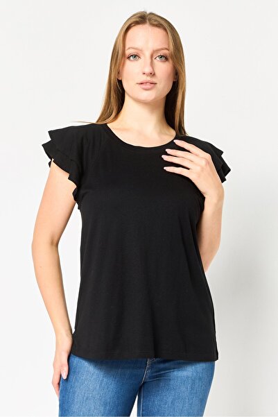 GAP Women Crew Neck Solid Flutter Sleeve Top, Black