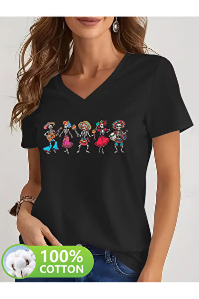 YUNAYT Women's V-Neck Draped Printed T-Shirt