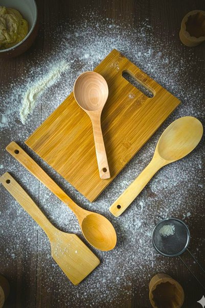 SWENCRAFT Natural Wooden Bamboo Cutting Board Kitchen Serving Ladle Rice Spatula Spoon Set of 5 Handcrafted