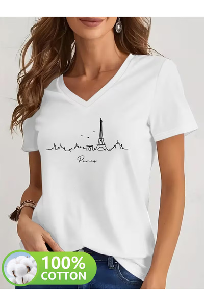 YUNAYT Women's V-Neck Draped Printed T-Shirt