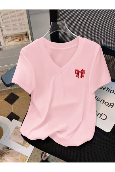 YUNAYT Women's V-Neck Draped Printed T-Shirt