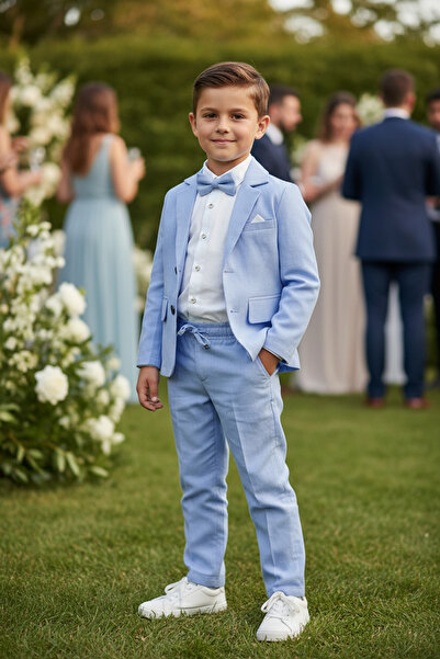 Merdia Costum pentru băieți din in (jachetă, cămașă, papion și pantaloni cu ș...