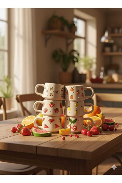 İNA PAZARLAMA طقم أكواب سيراميك بنقشة الفاكهة 6 قطع - أكواب قهوة وشاي