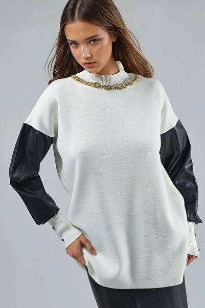 Hiccup My Fashion Faux Leather Detailed Sweater