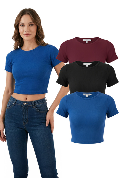 SWALORA Crew Neck Short Sleeve Lycra Crop T-Shirt Blouse Combed Cotton Set of 3