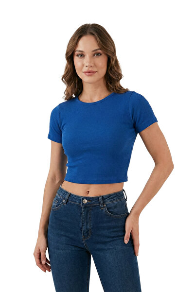 SWALORA Crew Neck Short Sleeve Lycra Crop T-Shirt Blouse Combed Cotton