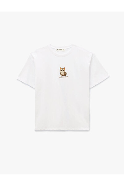 Koton Γυναικείο T-Shirt Oversize Εκρού με Κέντημα Γάτας 6SAL10063IK