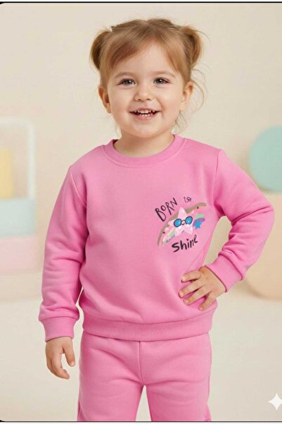 KAYAKİDS Baby Girl Printed Casual Pink Powder Pink Tracksuit Set Small Size
