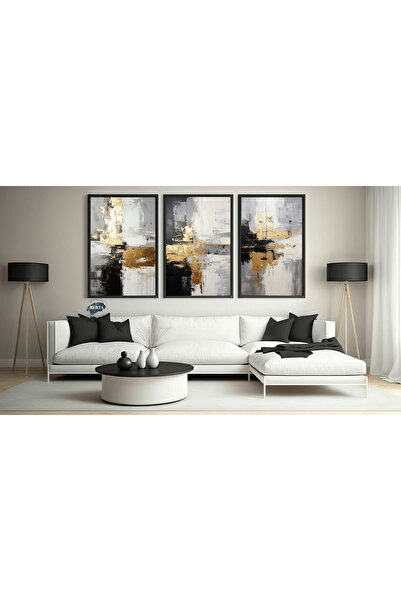 Berta home Gold yağlı boya dokulu üçlü set soyut tablo