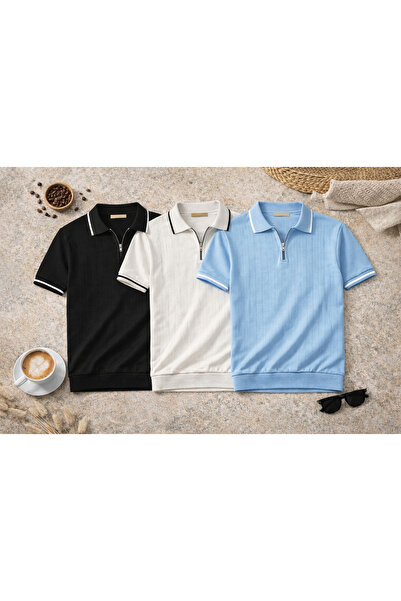 OTAKU Ανδρικό μοντέρνο πλεκτό μπλουζάκι με φερμουάρ και λαιμόκοψη πόλο, σετ 3...