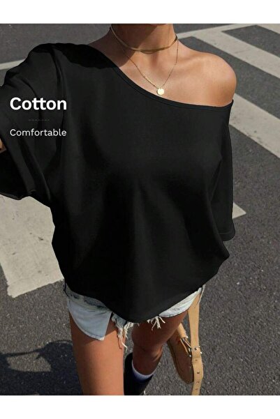 npLStore Women's Boat Neck Low Sleeve Oversize 100% Cotton T-Shirt