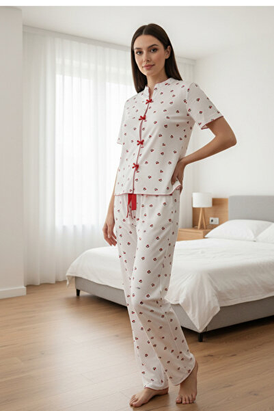 Fanwet Red Cherry Patterned Summer Bow Knitted Short Sleeve Pajama Set
