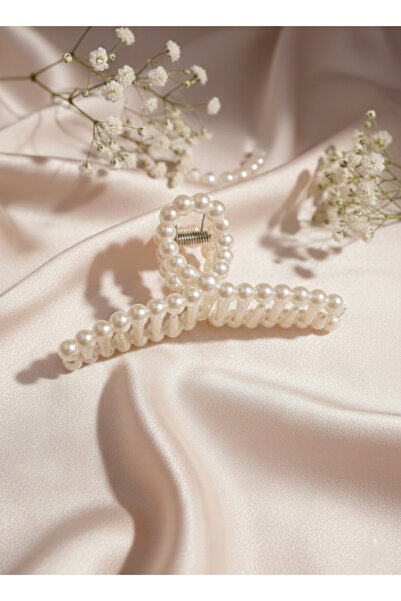 MY VİNTAGE Pearl Detailed Women's Hair Clip Stylish Latch Clip White