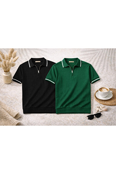 OTAKU Ανδρικό μοντέρνο πλεκτό μπλουζάκι με φερμουάρ και λαιμόκοψη πόλο, σετ 2...