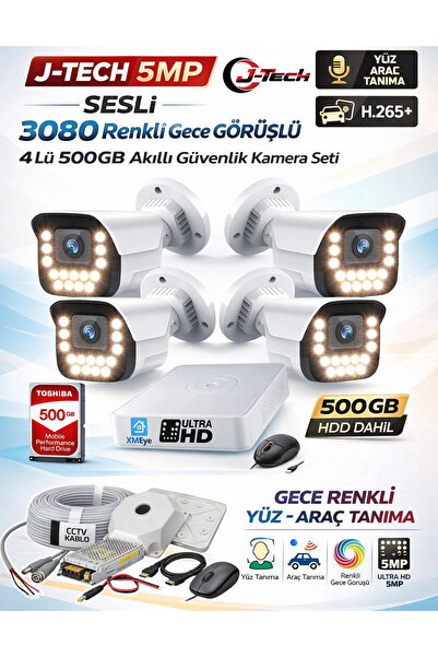 J-TECH 5MP Sesli 3080 Renkli Gece Görüşlü 4 Lü 500GB Akıllı Güvenlik Kamera S...