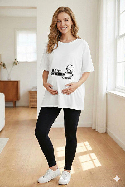 LiyAdaCo Tricou alb supradimensionat cu imprimeu Mother Baby Loading pentru g...