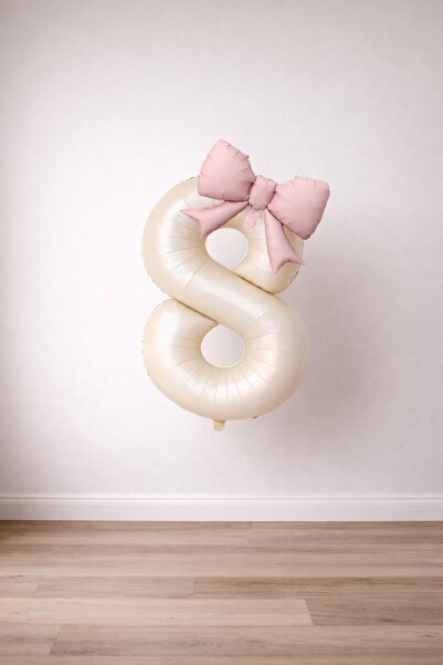 Patladı Gitti Pink Bow & Cream 8 Number Foil Balloon Set