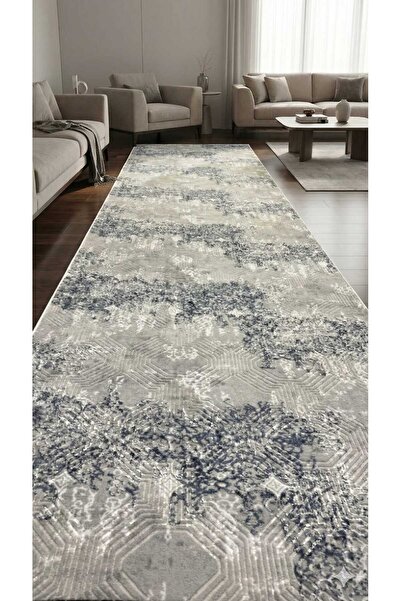 Nesrin JEL TABAN KAYMAZ MODERN GRİ MAVİ BEYAZ DESEN KESME HALI YOLLUK