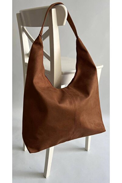 MyleeButik Mylee Loki Model Süet Taba Renk Geniş Hacimli Fermuarlı Omuz Çantası