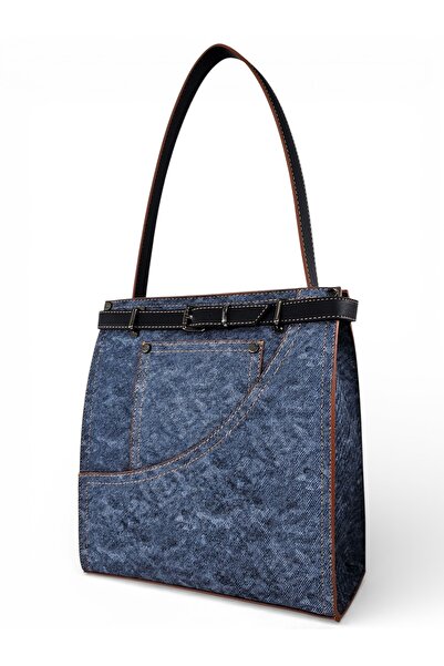 Evident Navy Blue Belted Women's Shoulder Bag with Pocket Detail and Jean Look