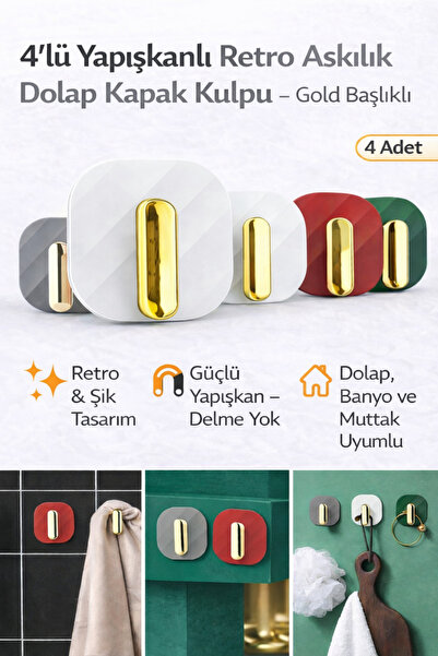 Hane Dostu 4’lü Kendinden Yapışkanlı Retro Askılık Dolap Kapak Kulpu – Gold B...