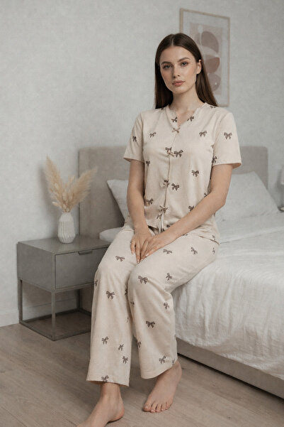 Fanwet Beige Bowknot Summer Knitted Short Sleeve Pajama Set