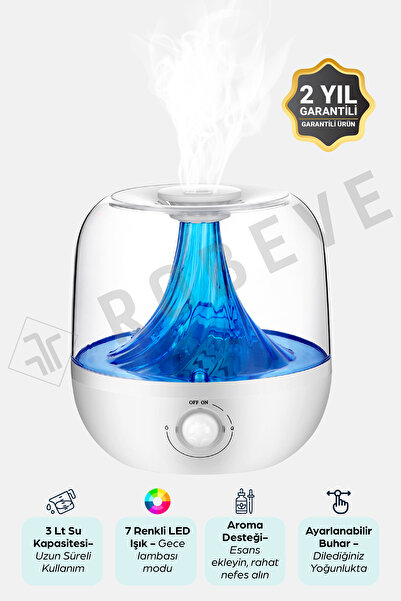 ROBEVE 3 Litre Hava Nemlendirici Buhar Makinesi Üstten Dolumlu Ultrasonik Ses...